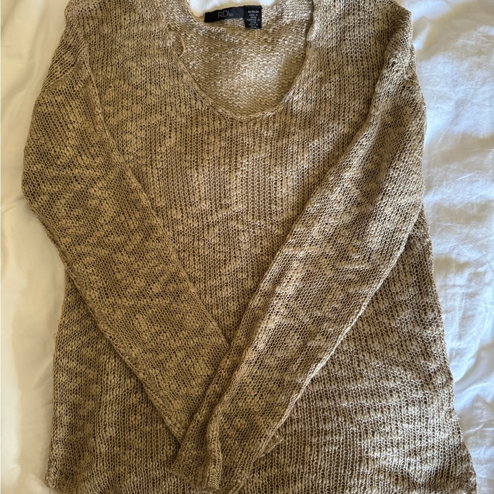 Tan Crew Neck Sweater with Ribbed Knit Texture